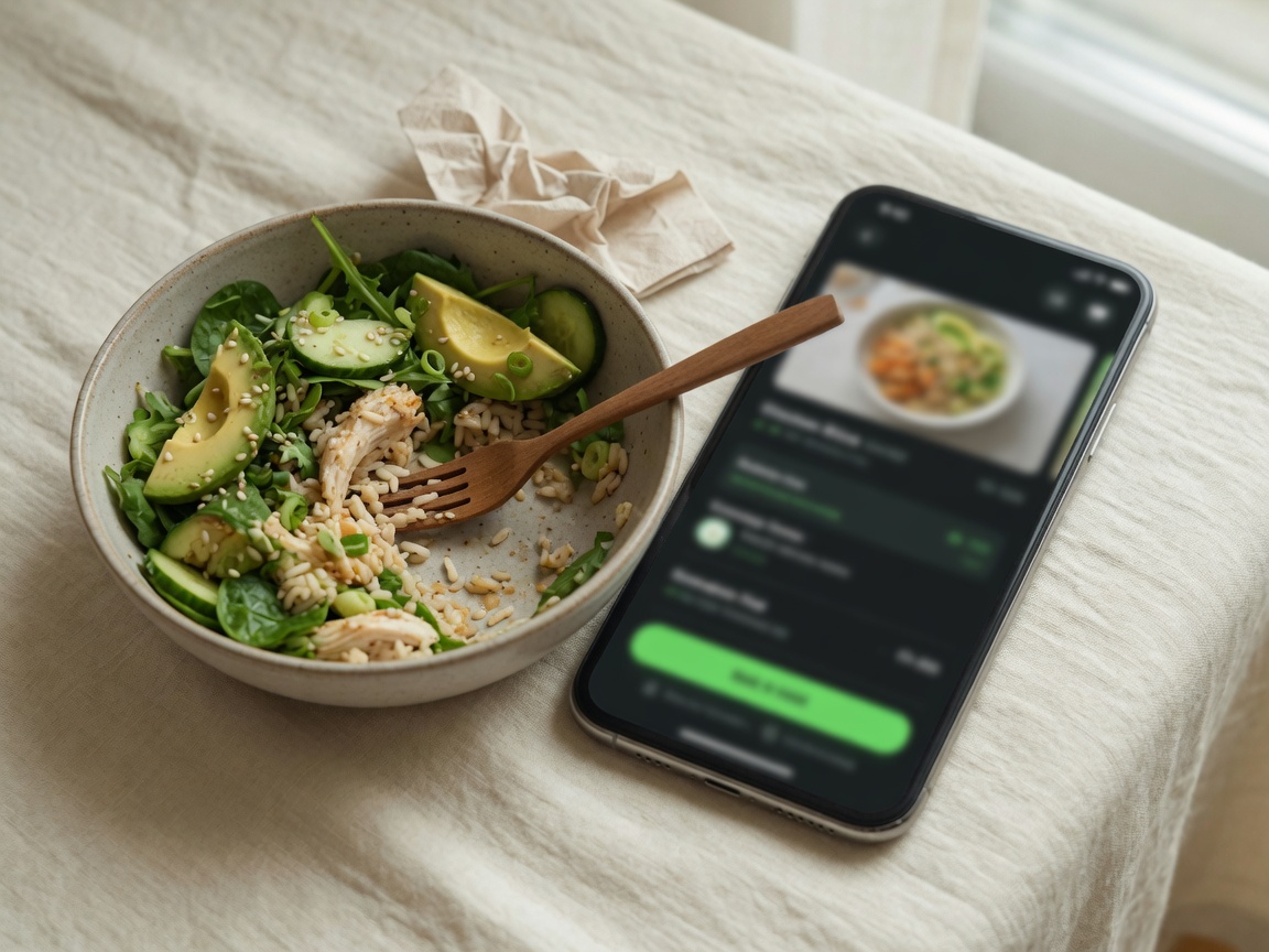 Chicken rice bowl on a linen table next to an iPhone showing a next-meal card