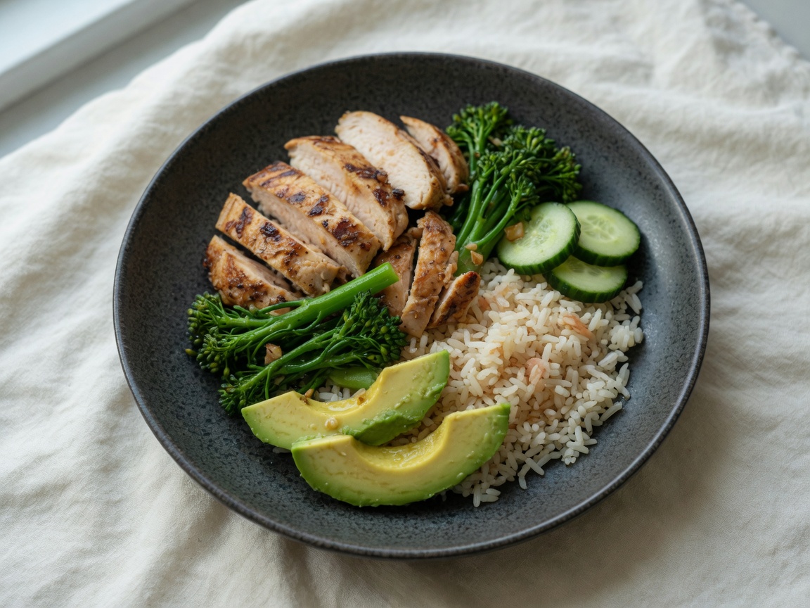 Chicken rice bowl with grilled chicken, rice, broccolini, cucumber, and avocado